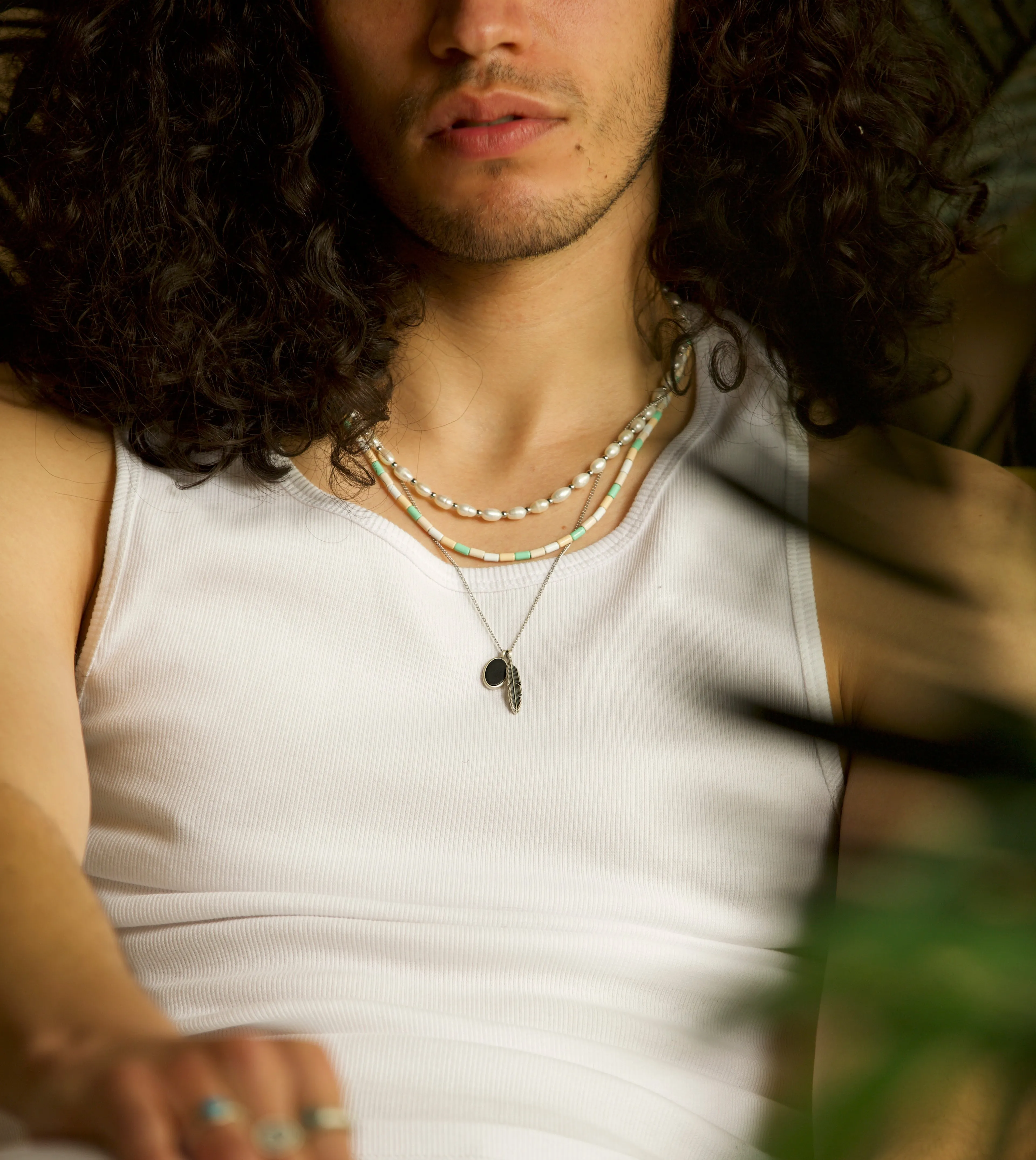 Silver Necklace With Feather And Matte Onyx Charm