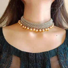 Silver Statement Choker Necklace With Pearls