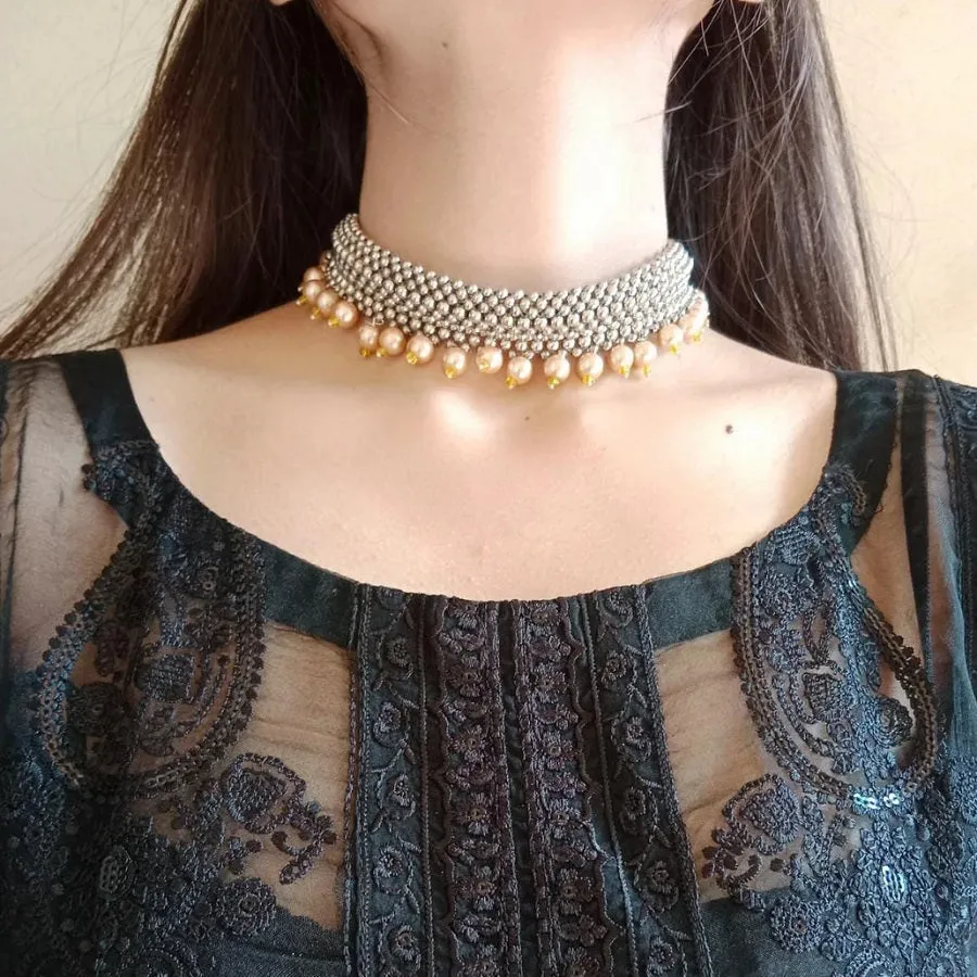 Silver Statement Choker Necklace With Pearls