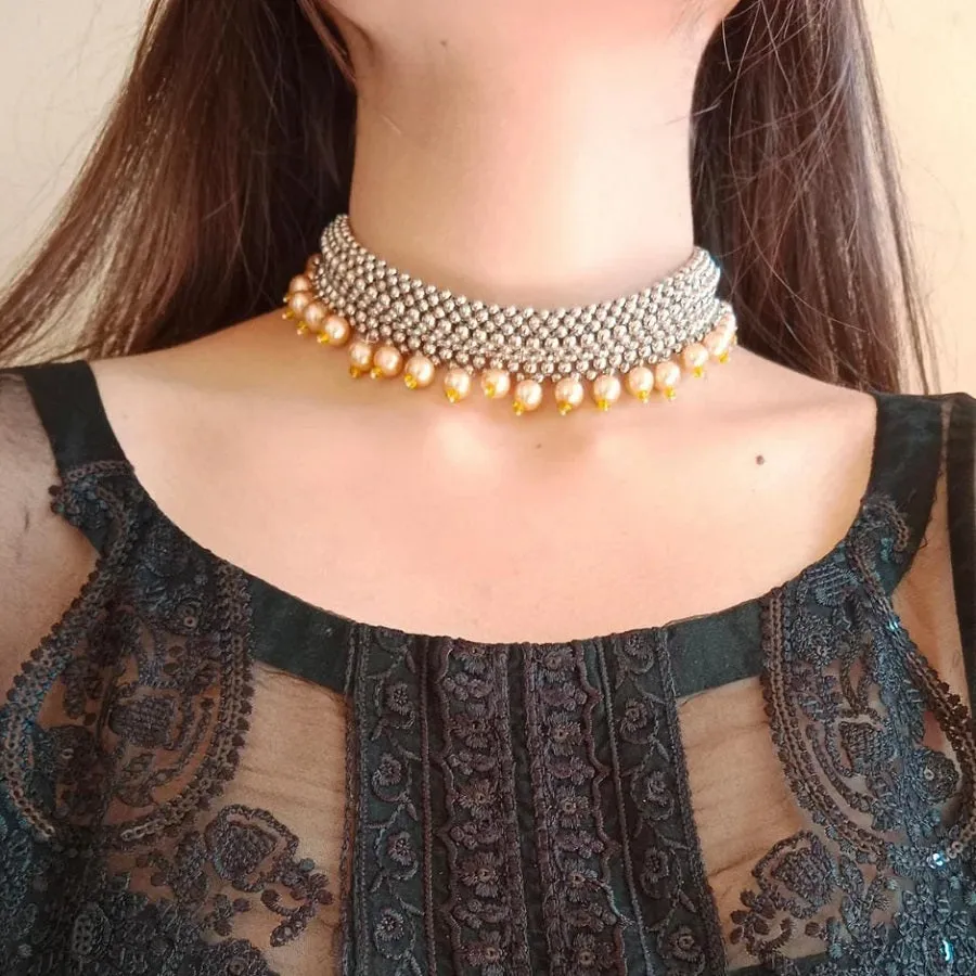 Silver Statement Choker Necklace With Pearls