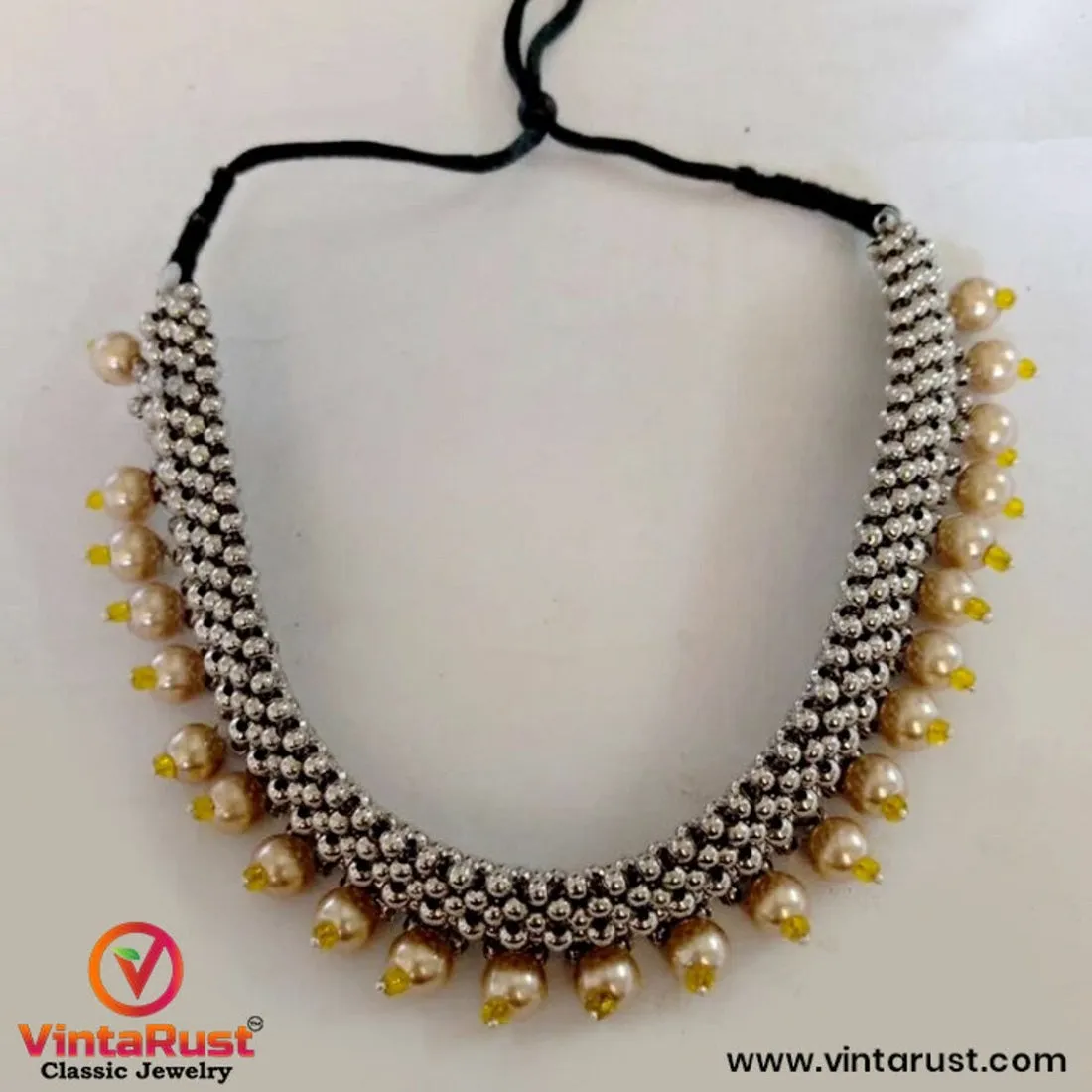 Silver Statement Choker Necklace With Pearls