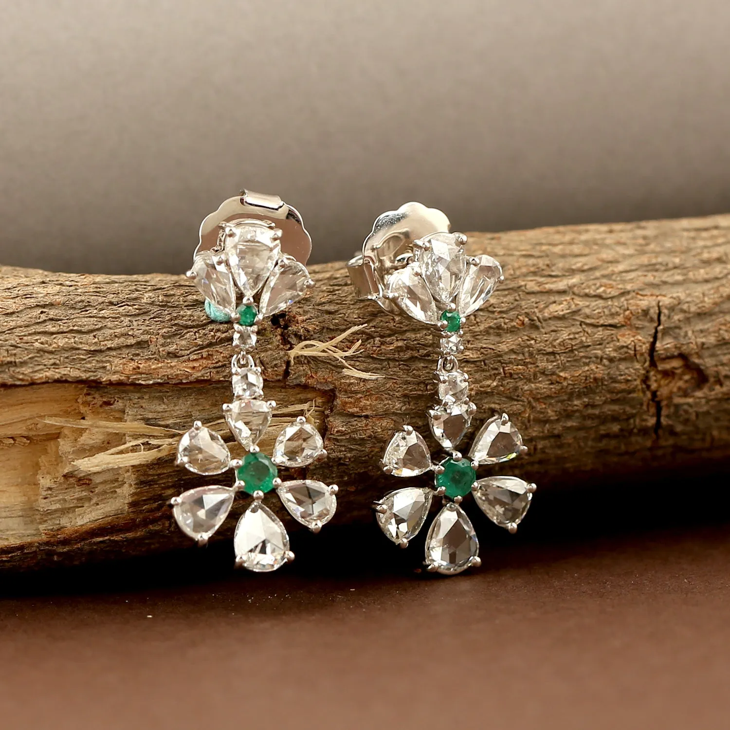 Solid White Gold Natural Emerald & Rose Cut Diamond Flower Earrings For Her