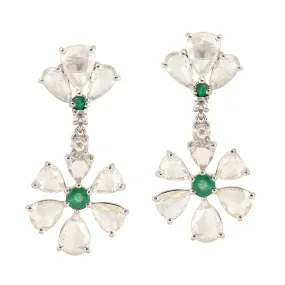 Solid White Gold Natural Emerald & Rose Cut Diamond Flower Earrings For Her