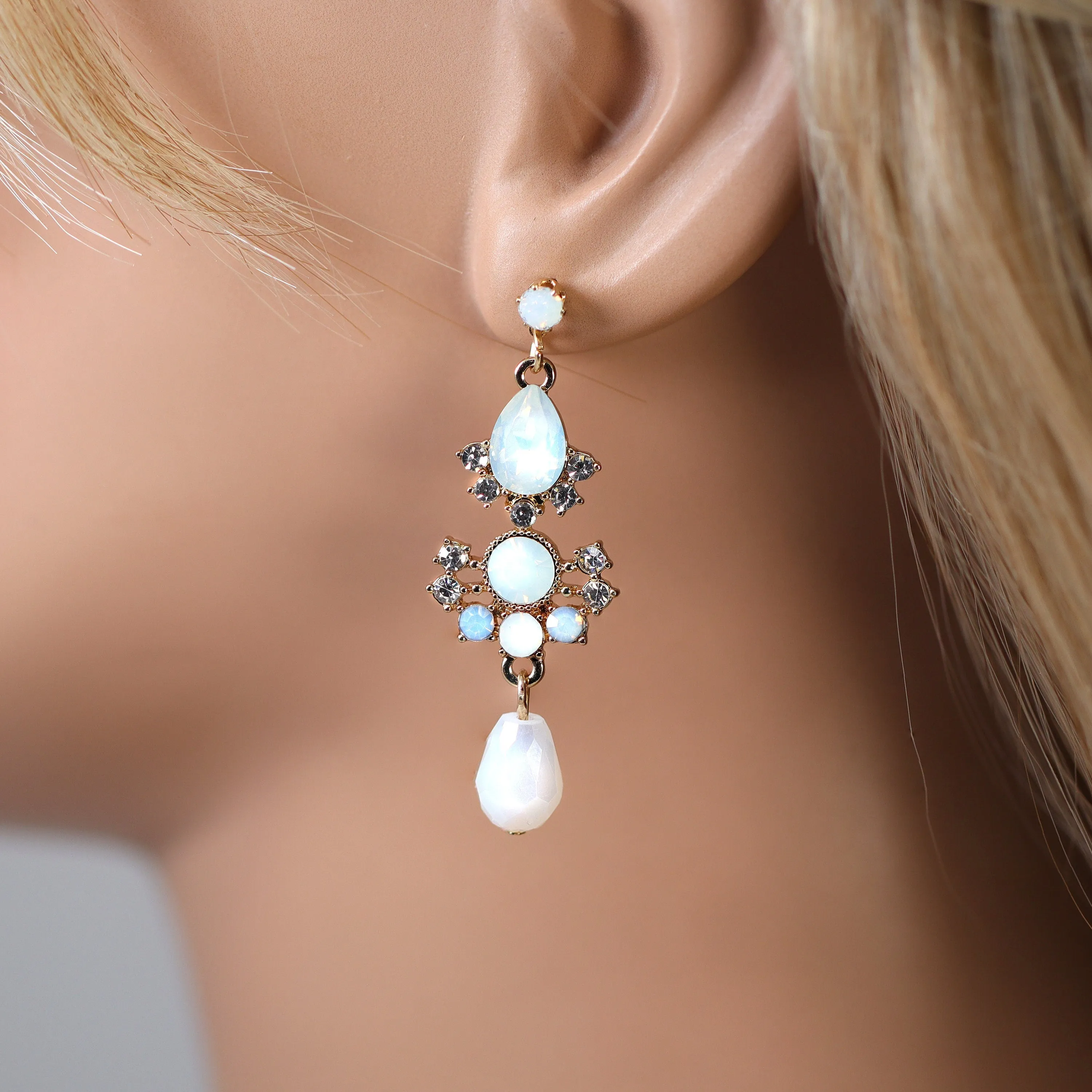 Something Blue Opal Dainty Small Chandelier White Drop Earring, Long Bridal Jewelry Crystal Bridal Earrings, Statement Earrings