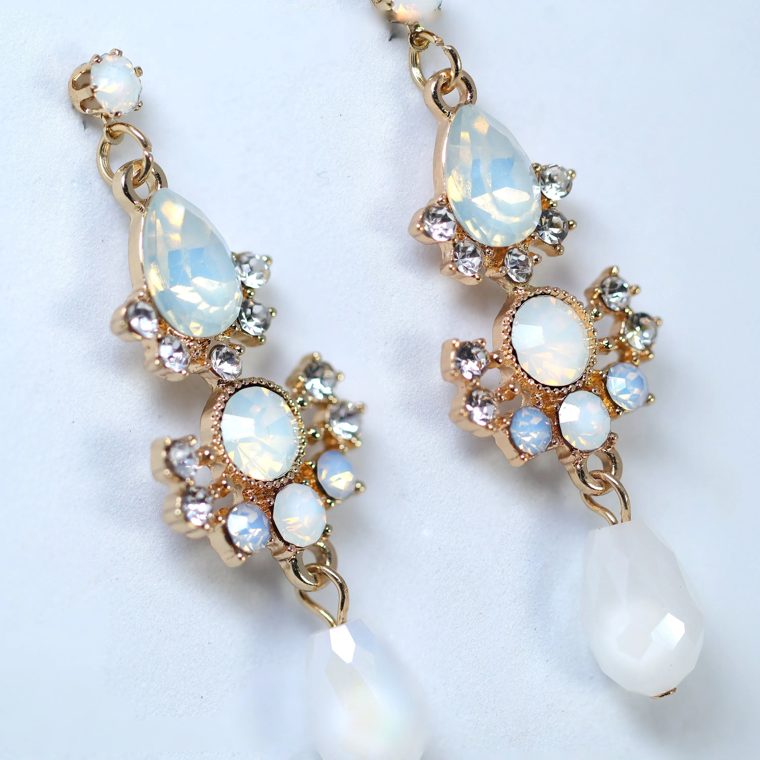 Something Blue Opal Dainty Small Chandelier White Drop Earring, Long Bridal Jewelry Crystal Bridal Earrings, Statement Earrings