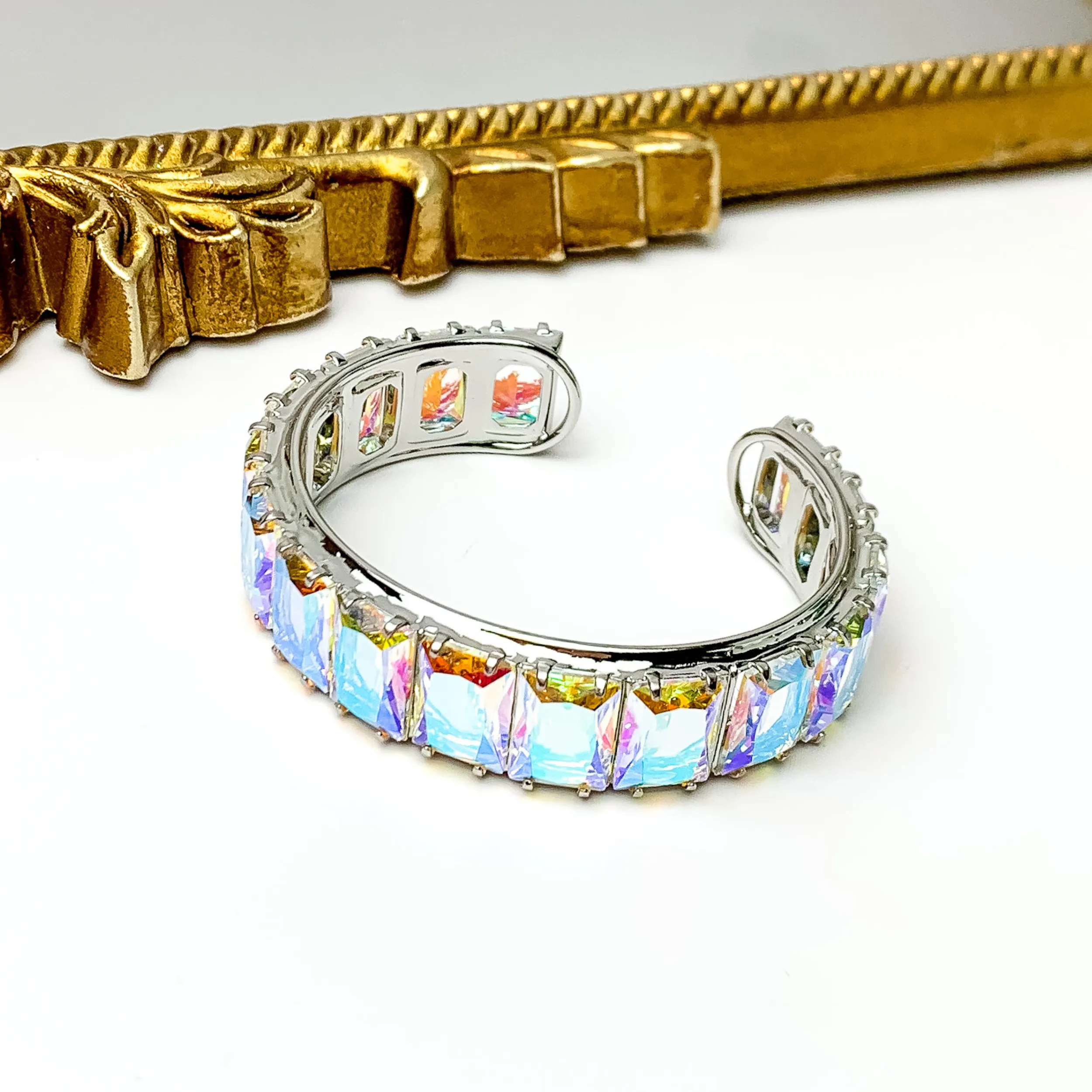 Sorrelli | Julianna Rectangle Crystal Cuff Bracelet in Palladium Silver Tone and Aurora Borealis