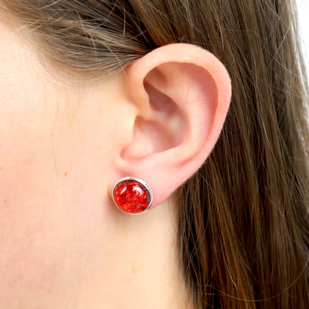 SPARKLEFEST - Laughing All The Way - Bright Silver 12mm Circle Studs - Ruby Red Glitter (11442)