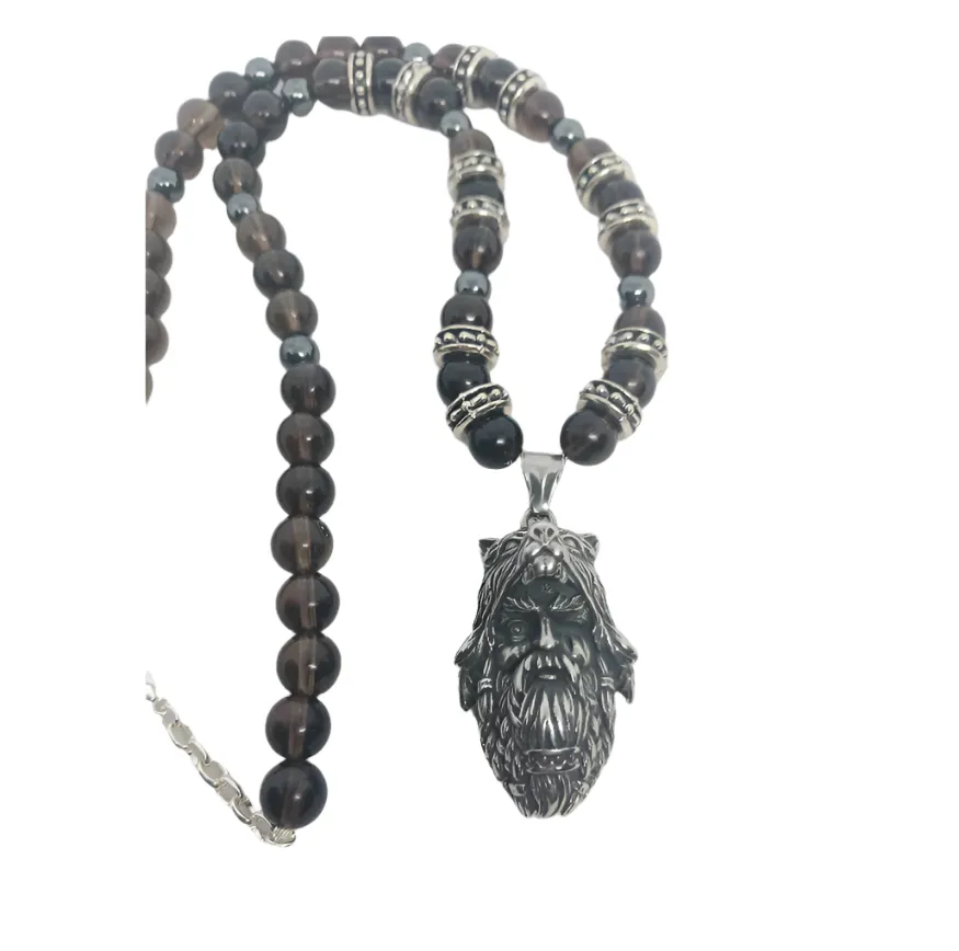 Stainless Steel Odin Necklace with Smoky Quartz Crystal and Hematite