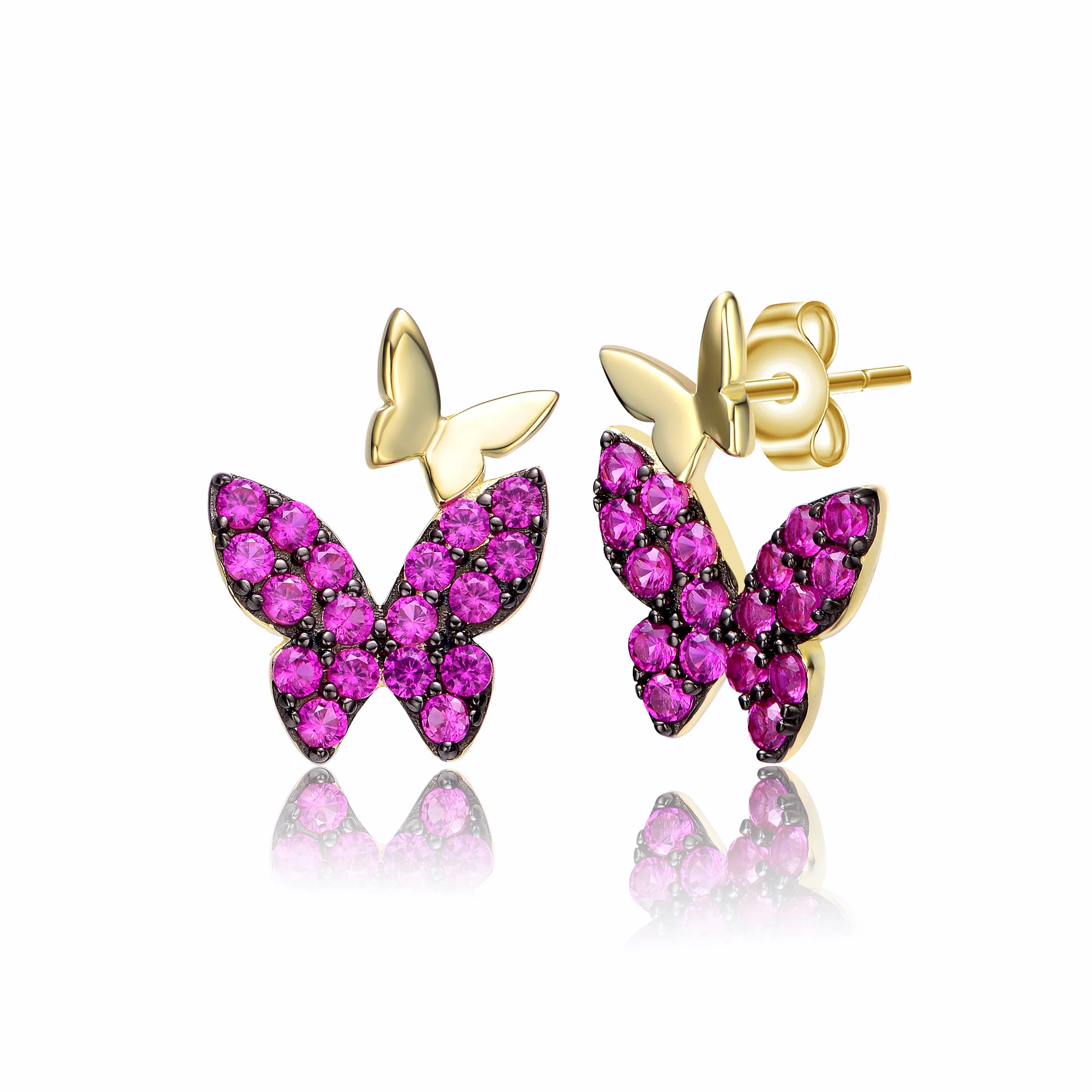 Sterling Silver 14k Yellow Gold Plated with Ruby Cubic Zirconia Double Butterfly Drop Earrings