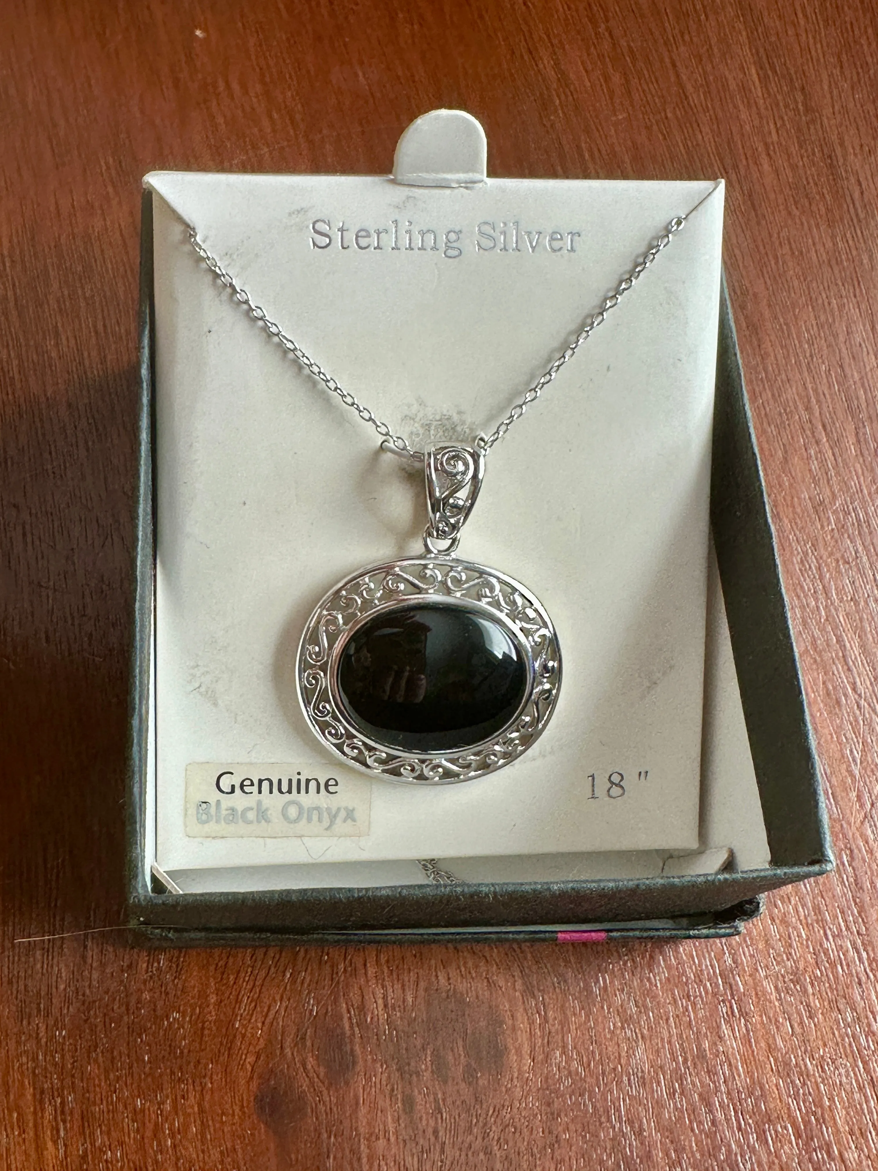 Sterling Silver 925 Black Onyx Oval Slide Pendant Necklace 18" Long Chain