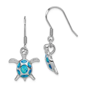 Sterling Silver Created Blue Opal Turtle Dangle Earrings