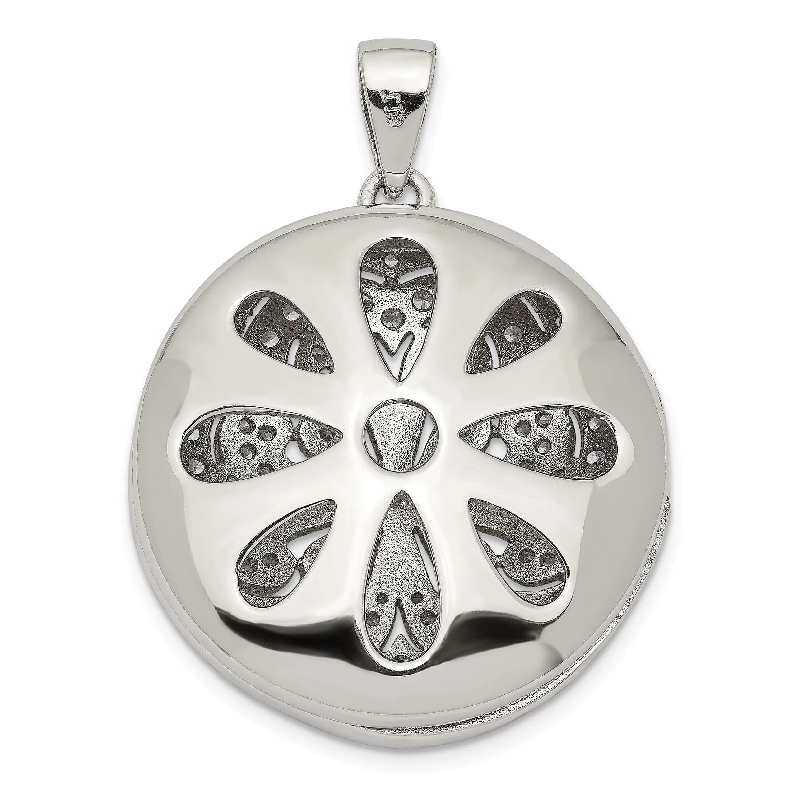 Sterling Silver CZ Circle w/ Flower Design Locket Pendant