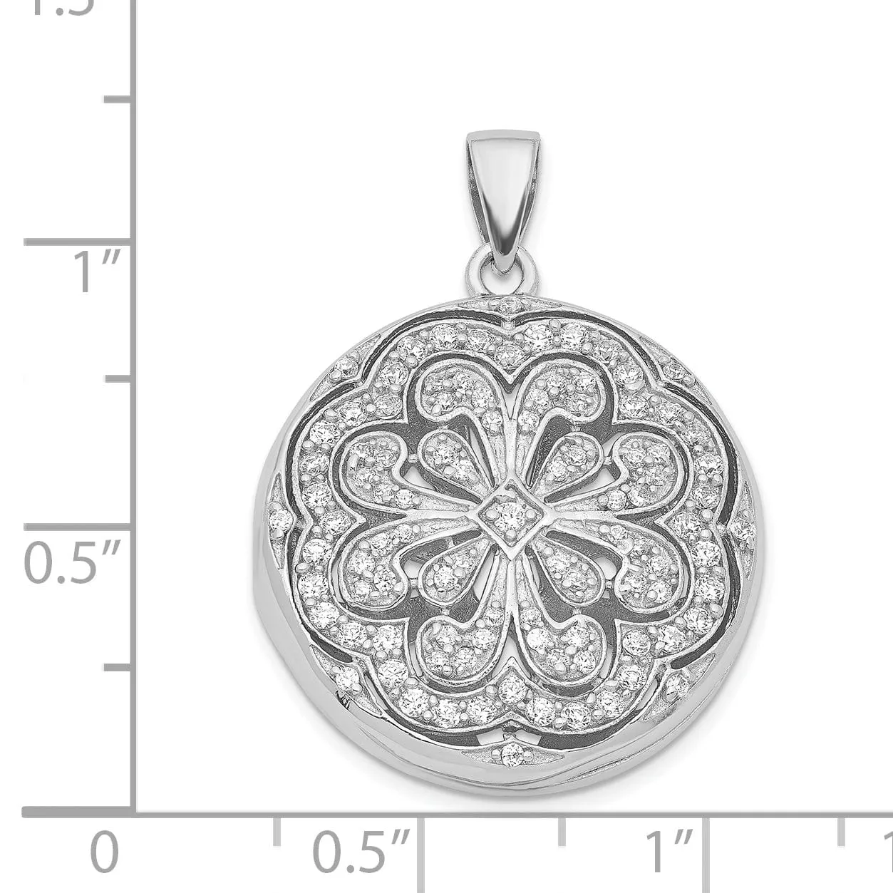 Sterling Silver CZ Circle w/ Flower Design Locket Pendant