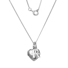 Sterling Silver Heart 40cm Locket & Initial R Children's Pendant