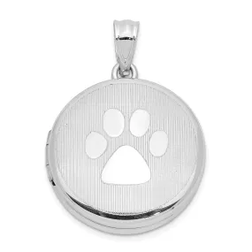 Sterling Silver Rhodium 20mm Grooved and Polished Pawprint Round Locket