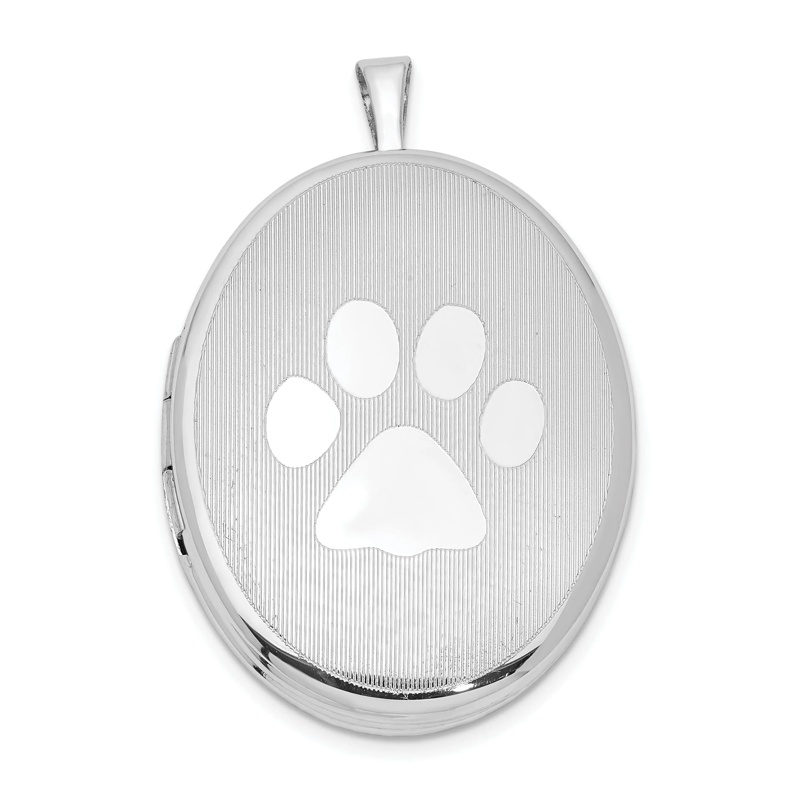 Sterling Silver Rhodium-plated Oval Satin and Polished Paw Print Locket