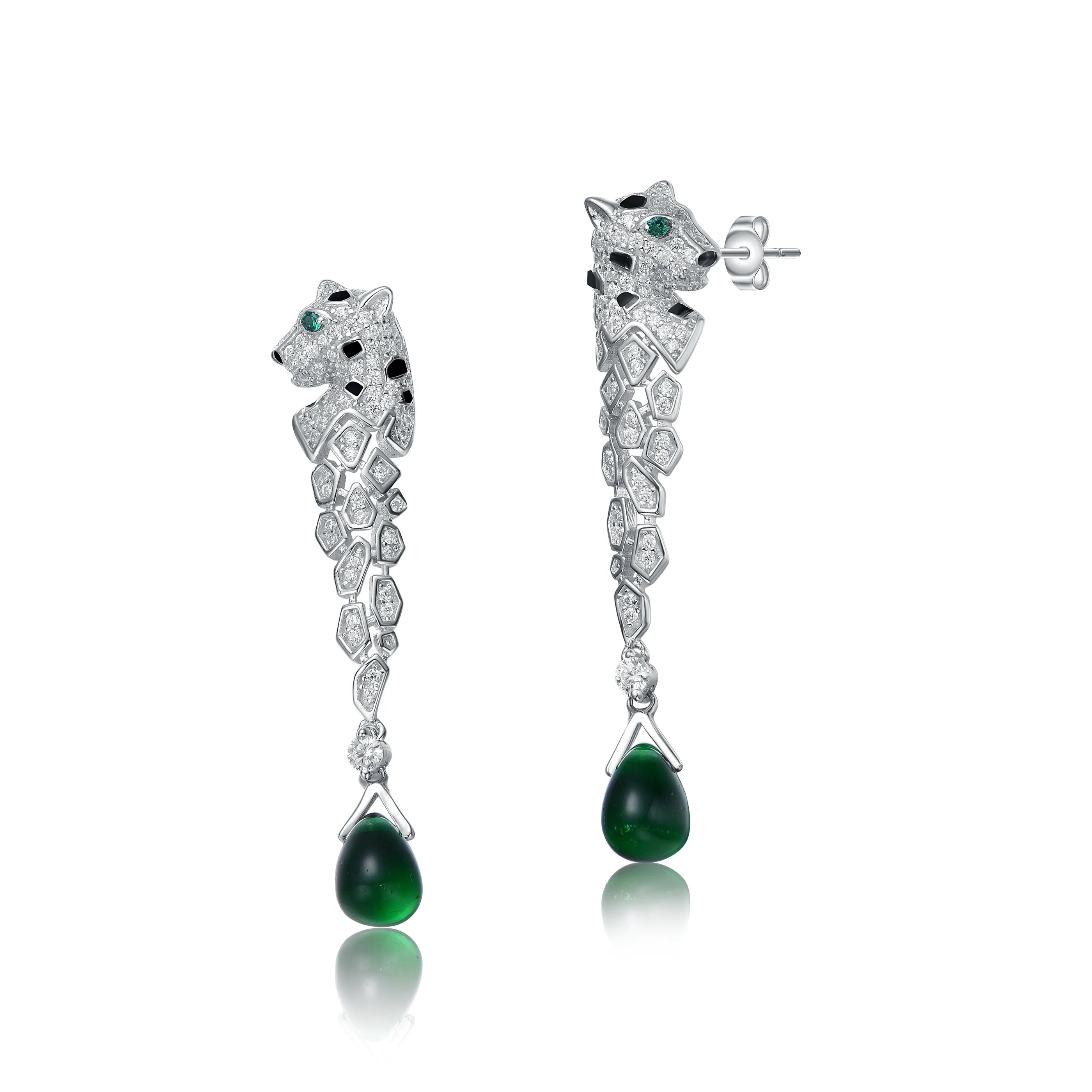 Sterling Silver Rhodium Plated with Emerald and Clear Cubic Zirconia Fauna Drop Earrings