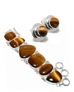 Sterling Silver Tiger's Eye Gemstone Bracelet and Stud Earrings Set