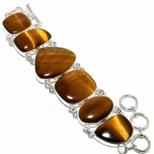 Sterling Silver Tiger's Eye Gemstone Bracelet and Stud Earrings Set