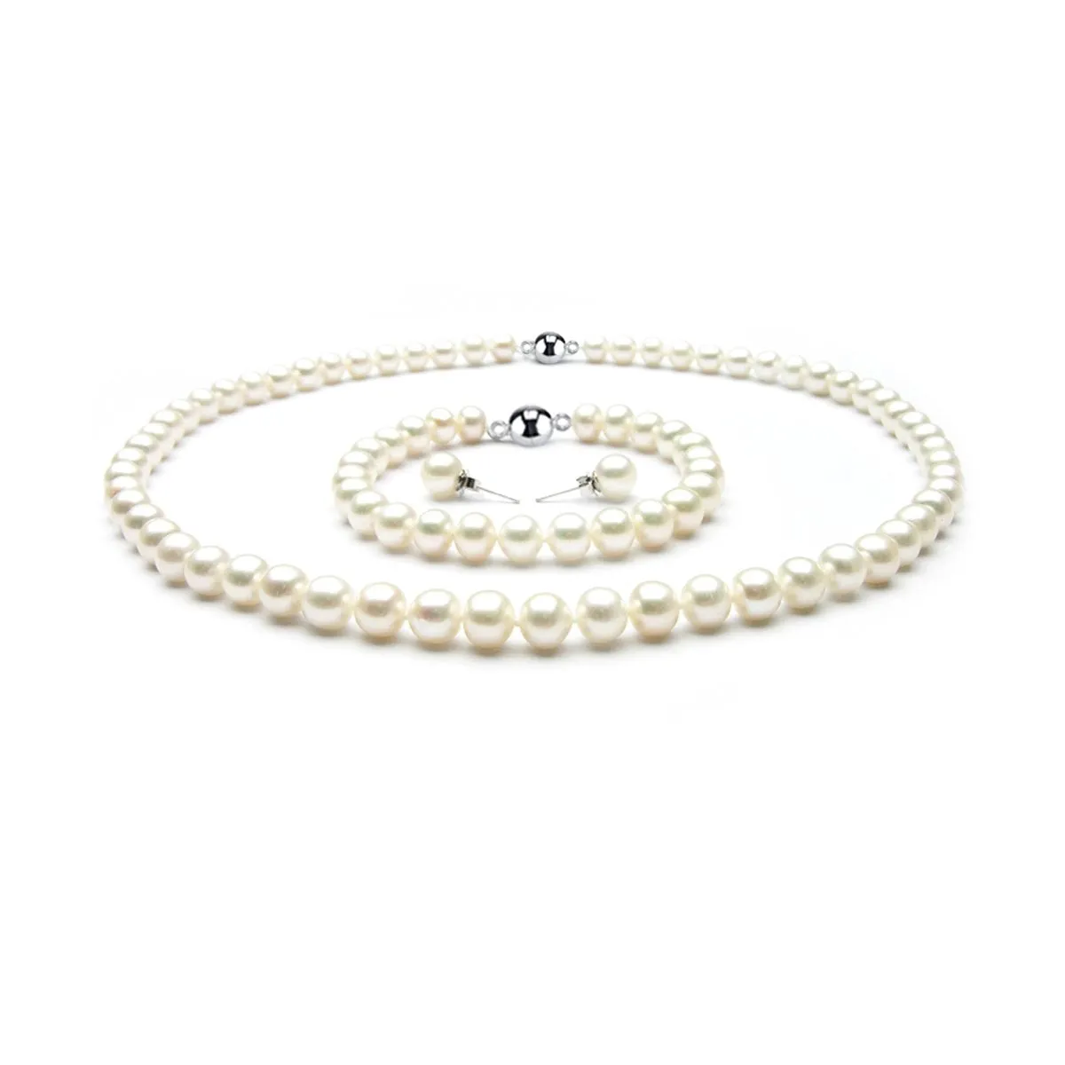 Stunning 7-8mm White Feshwater Pearl Jewellery Tri-Set For Women Magnetic Clasp