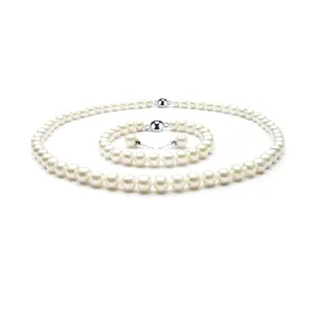 Stunning 7-8mm White Feshwater Pearl Jewellery Tri-Set For Women Magnetic Clasp