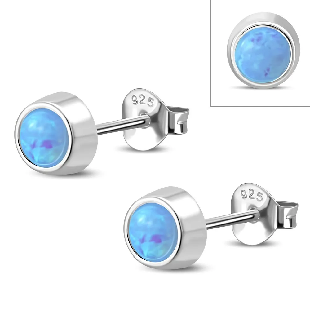 Synthetic Blue Opal Round Sterling Silver Stud Earrings