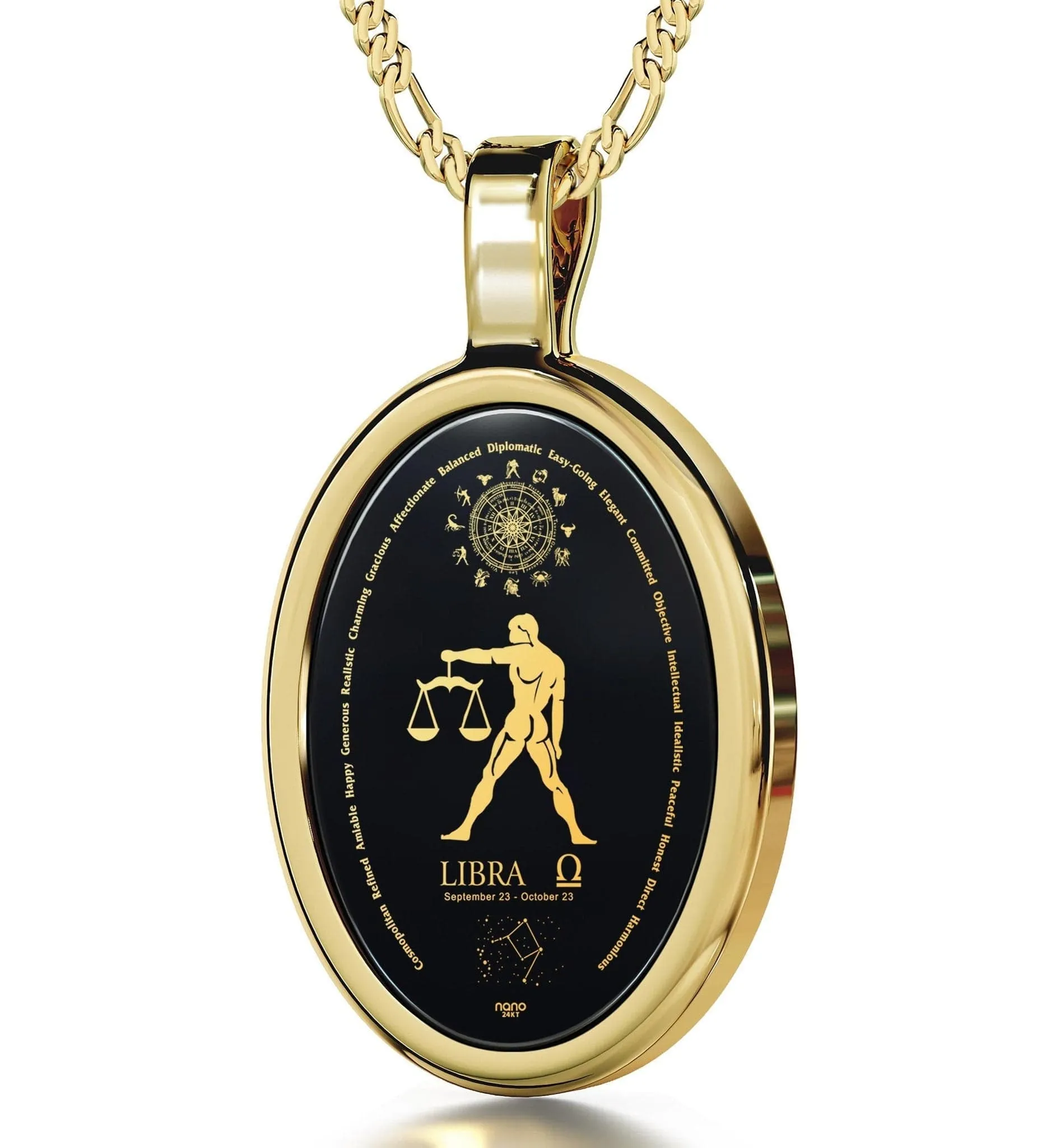 The World of Libra, Sterling Silver Gold Plated (Vermeil) Necklace, Onyx