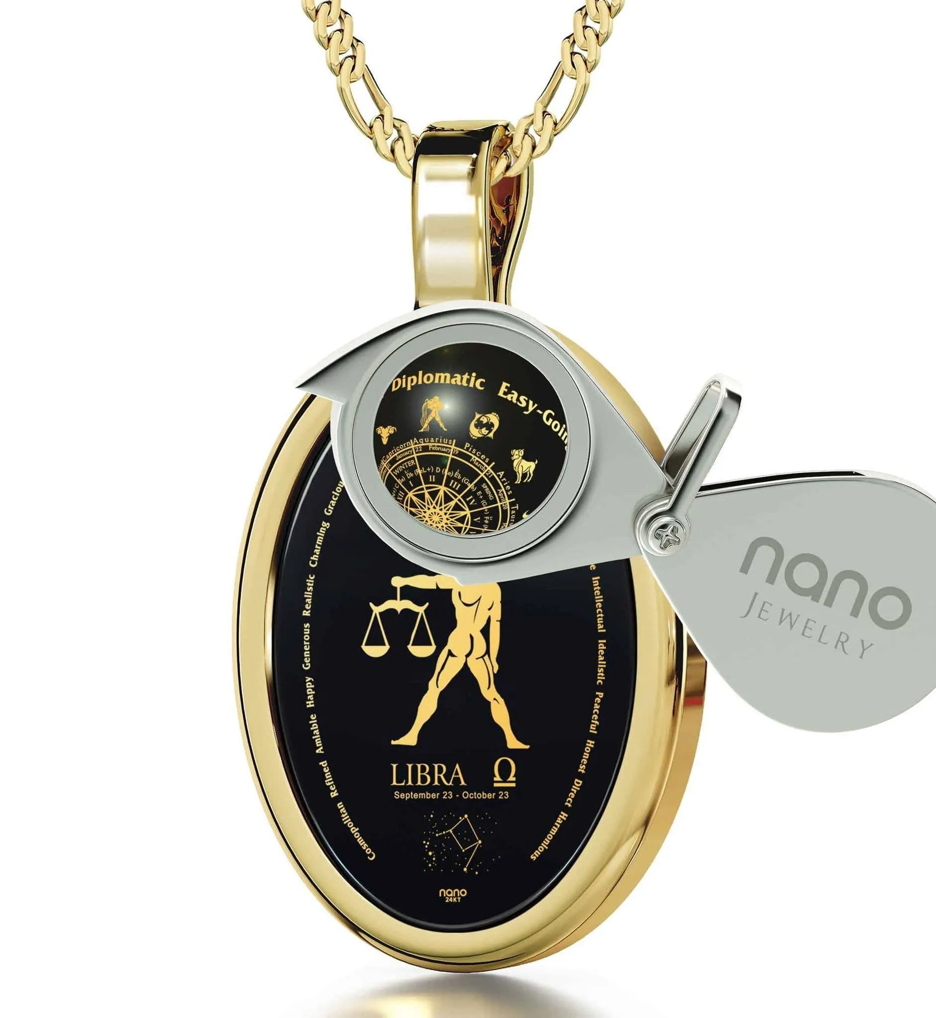 The World of Libra, Sterling Silver Gold Plated (Vermeil) Necklace, Onyx