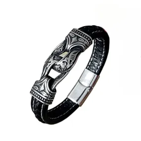 Titanium Steel Retro Viking Engraved Leather Bracelet for Men - Stylish Handcrafted Jewelry