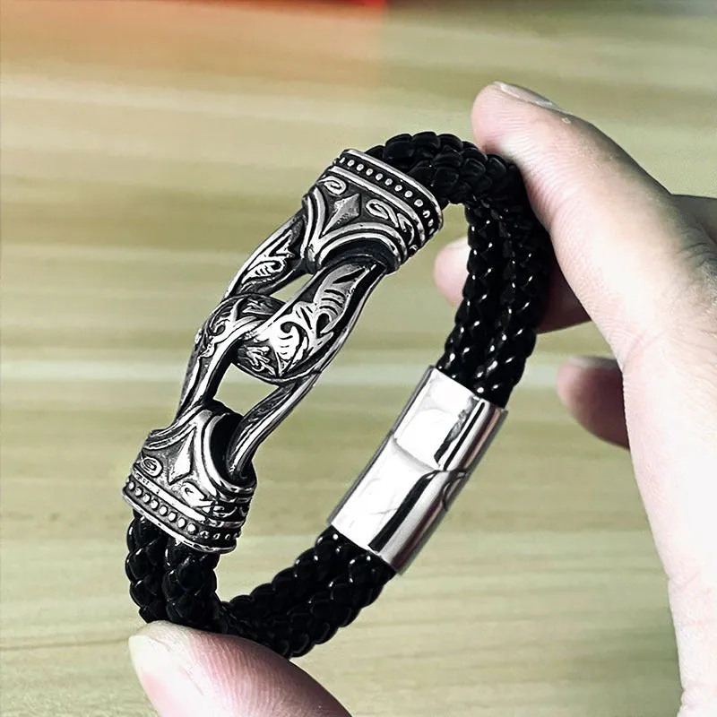 Titanium Steel Retro Viking Engraved Leather Bracelet for Men - Stylish Handcrafted Jewelry