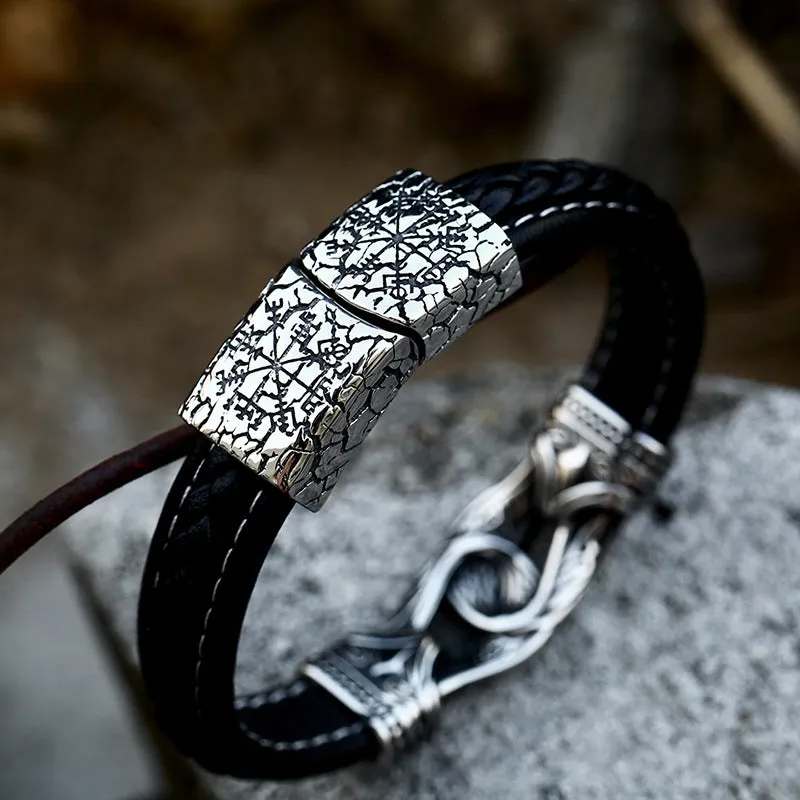 Titanium Steel Retro Viking Engraved Leather Bracelet for Men - Stylish Handcrafted Jewelry