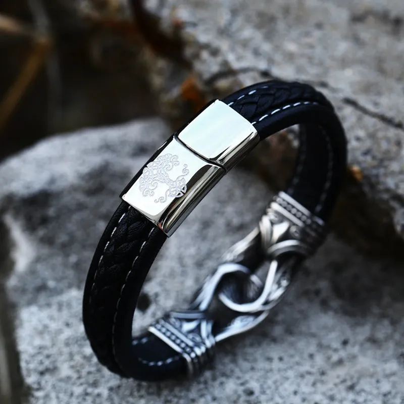 Titanium Steel Retro Viking Engraved Leather Bracelet for Men - Stylish Handcrafted Jewelry