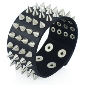 Unique Four Row Cuspidal Spikes Rivet Stud Wide Cuff Leather Punk Gothic Rock Unisex Bangle Bracelet men jewelry