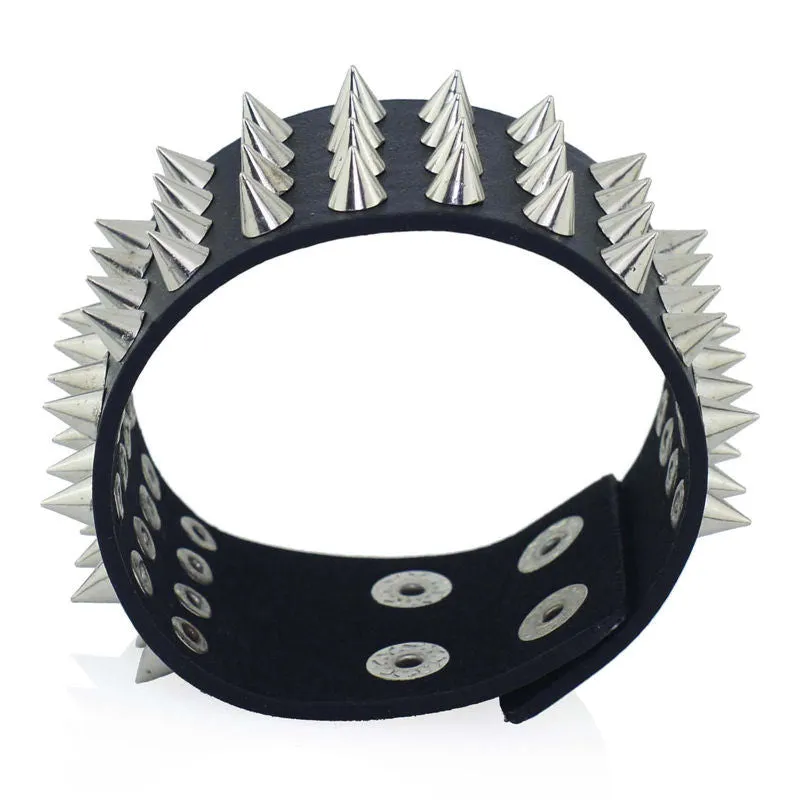 Unique Four Row Cuspidal Spikes Rivet Stud Wide Cuff Leather Punk Gothic Rock Unisex Bangle Bracelet men jewelry