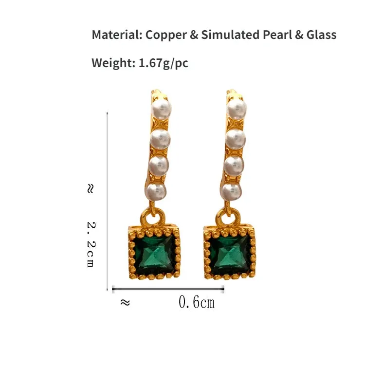 VAIGE Elegant Emerald Green Pearl-Accented Square Earrings