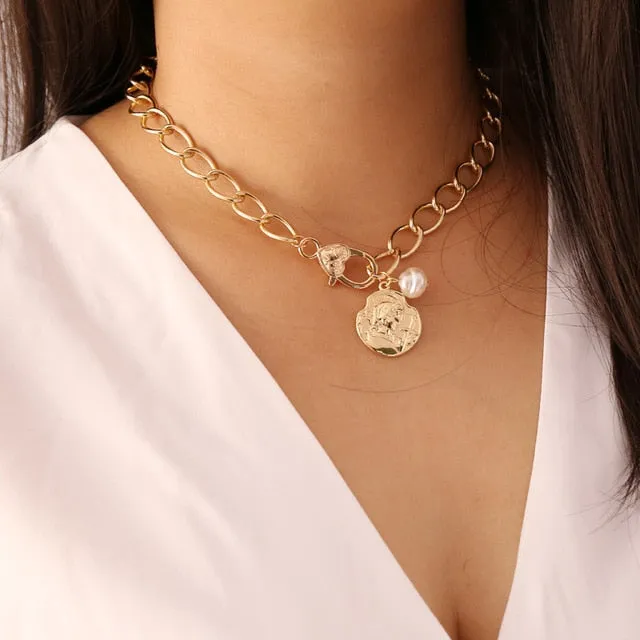 VenusFox Punk Gold Cuban Link Chain Necklace Pearl Heart Bow Knot Pendant Choker Necklaces For Women 2020 Fashion Jewelry Gifts