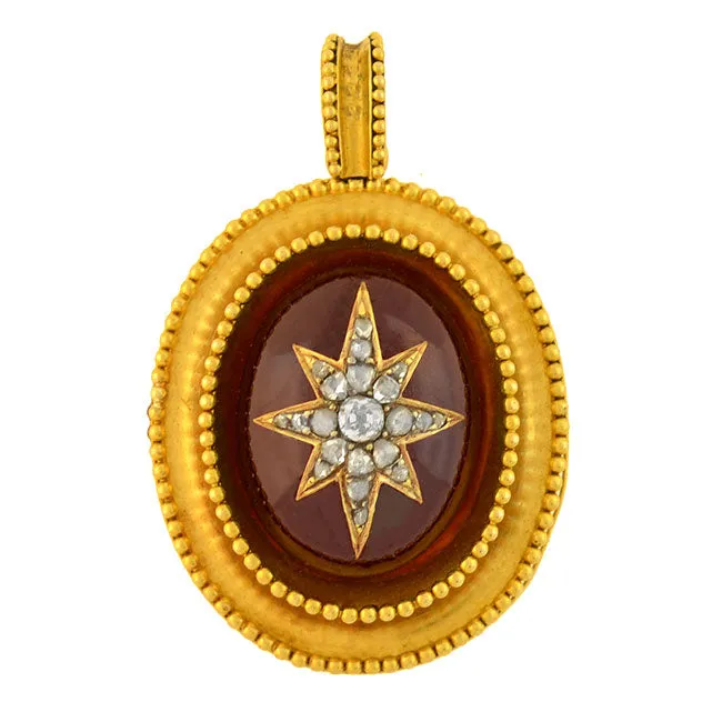 Victorian 15kt Garnet Cabochon Diamond Starburst Locket Pendant