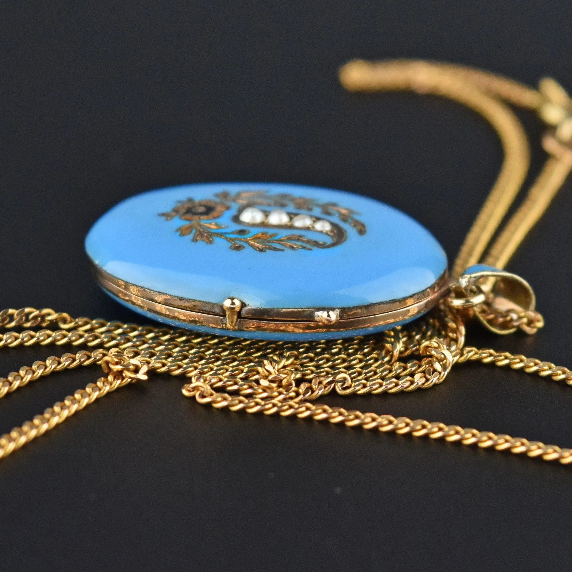 Victorian Blue Enamel Pearl 12K Gold Locket Necklace