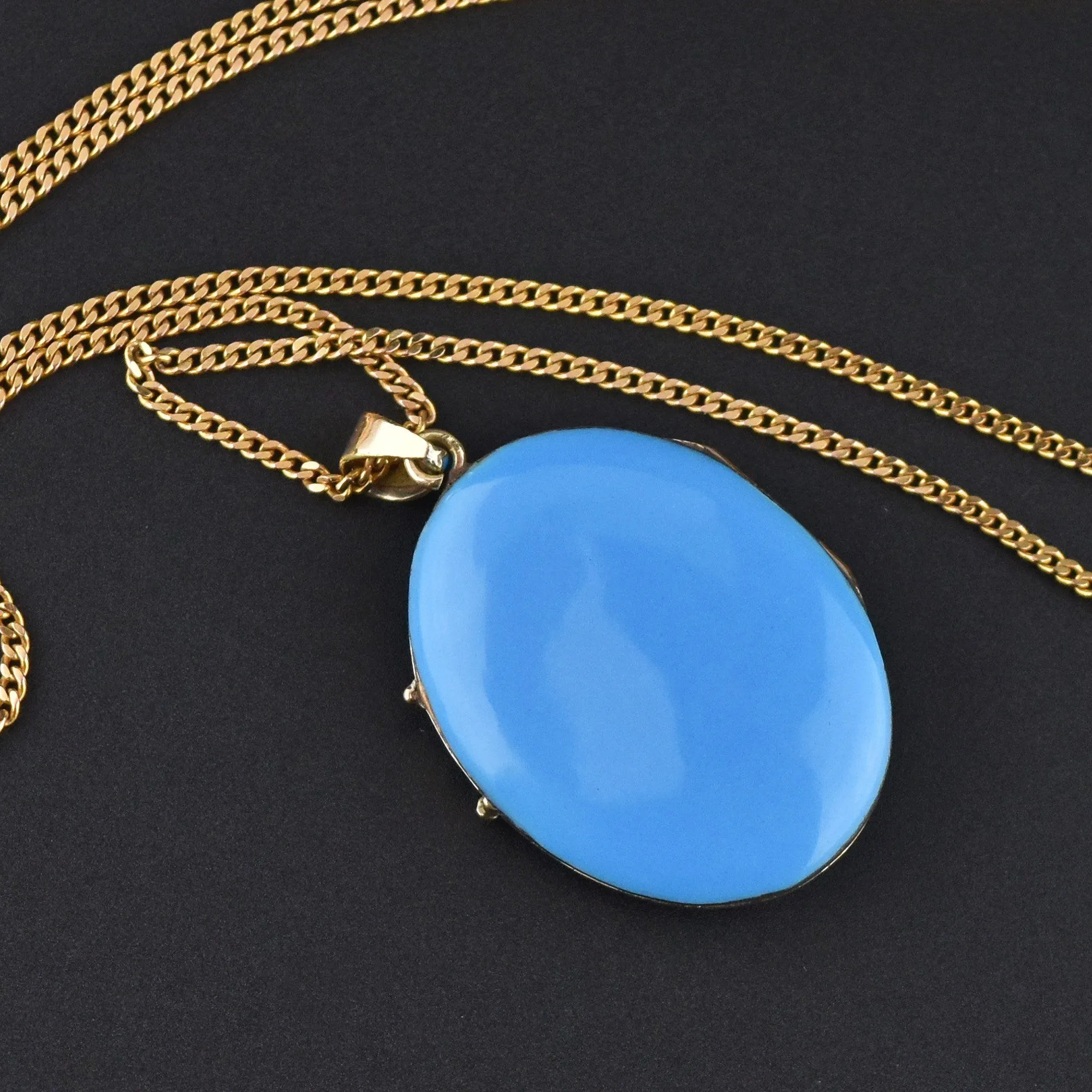 Victorian Blue Enamel Pearl 12K Gold Locket Necklace