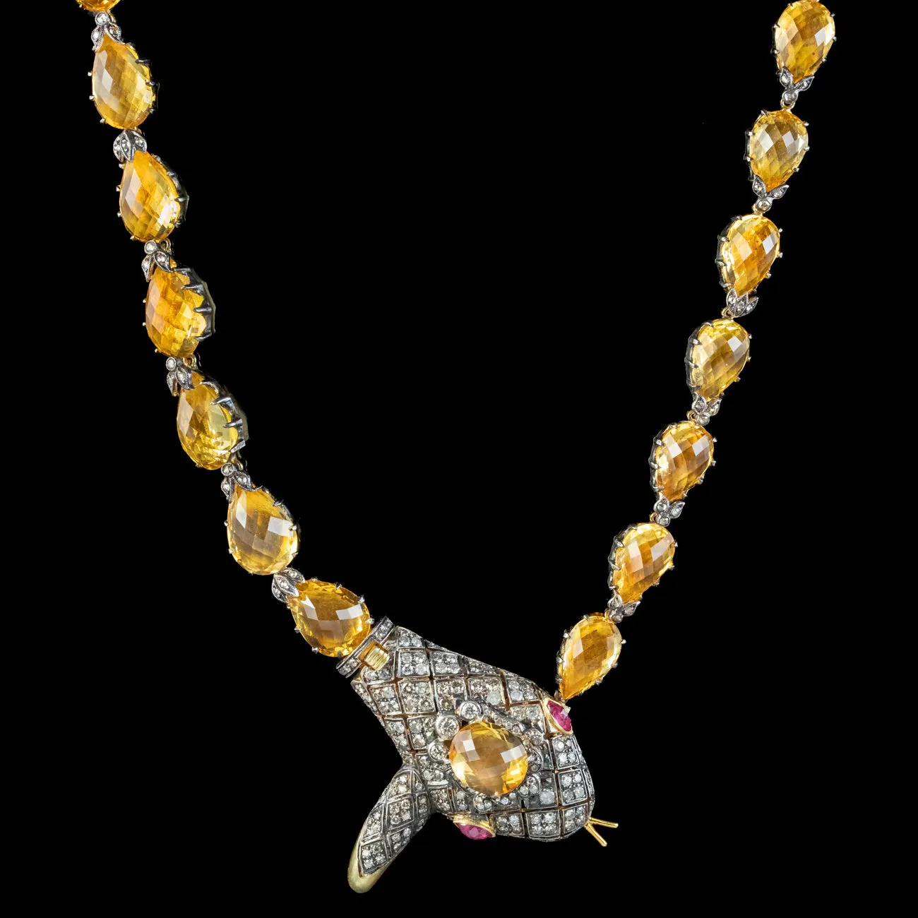 Victorian Style Citrine Diamond Riviere Snake Necklace With Cert