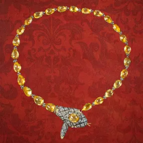 Victorian Style Citrine Diamond Riviere Snake Necklace With Cert