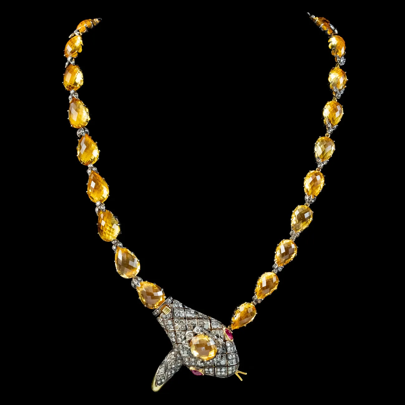 Victorian Style Citrine Diamond Riviere Snake Necklace With Cert