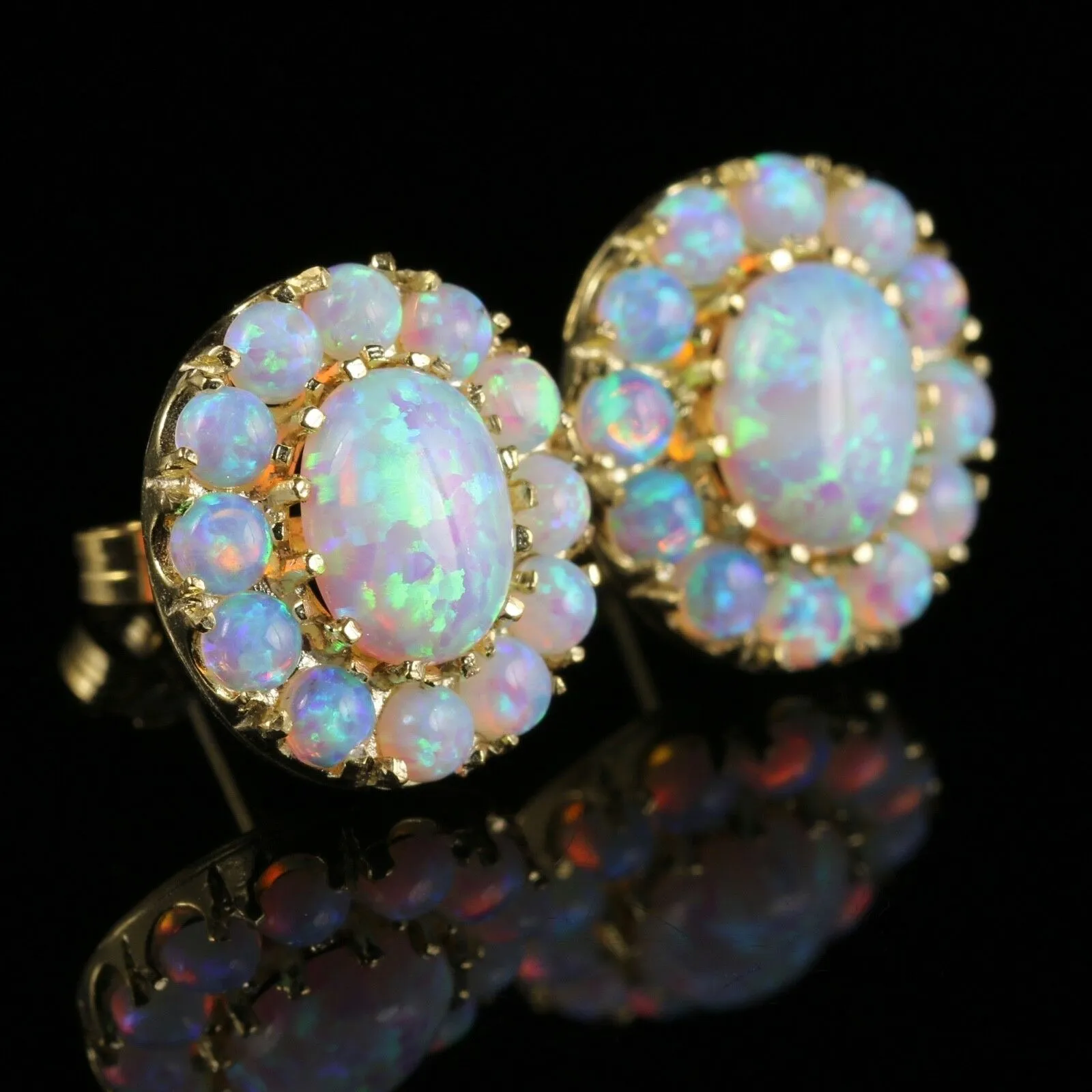 Victorian Style Opal Cluster Earrings Silver 18Ct Gold Gilt Studs