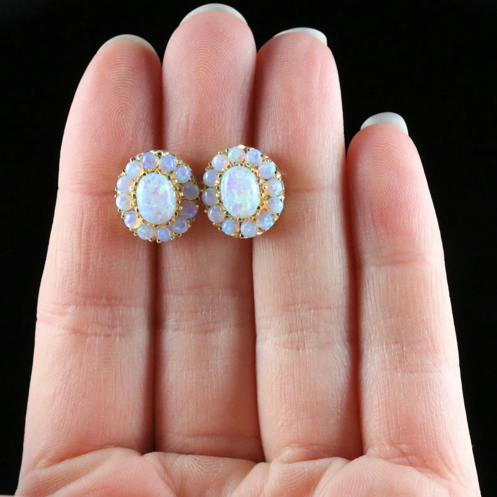 Victorian Style Opal Cluster Earrings Silver 18Ct Gold Gilt Studs