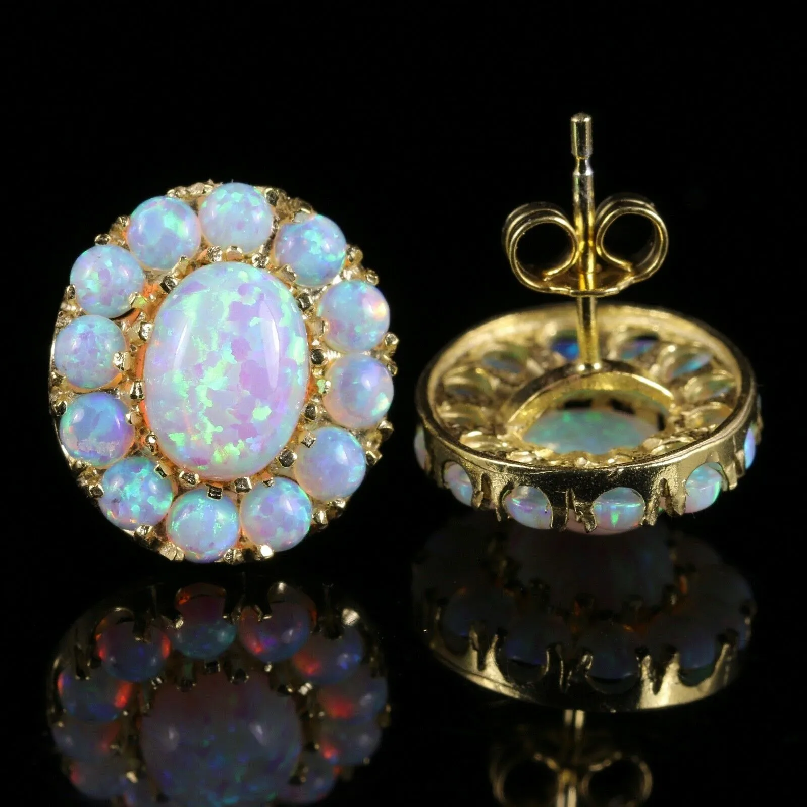 Victorian Style Opal Cluster Earrings Silver 18Ct Gold Gilt Studs