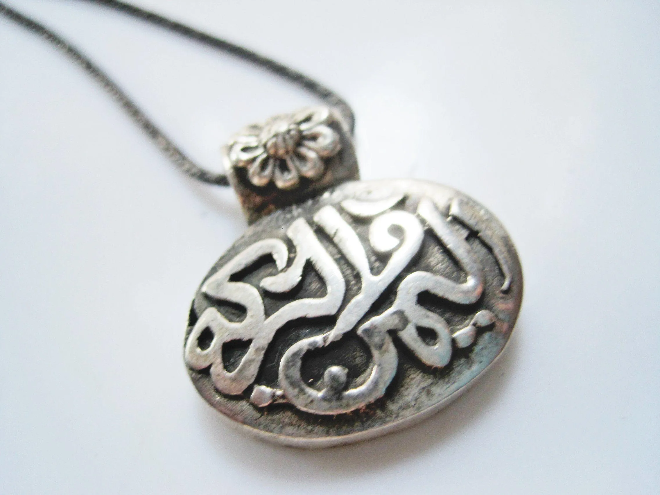 Vintage Egyptian Necklace, Arabic Calligraphy Sterling Silver Pendant Choker