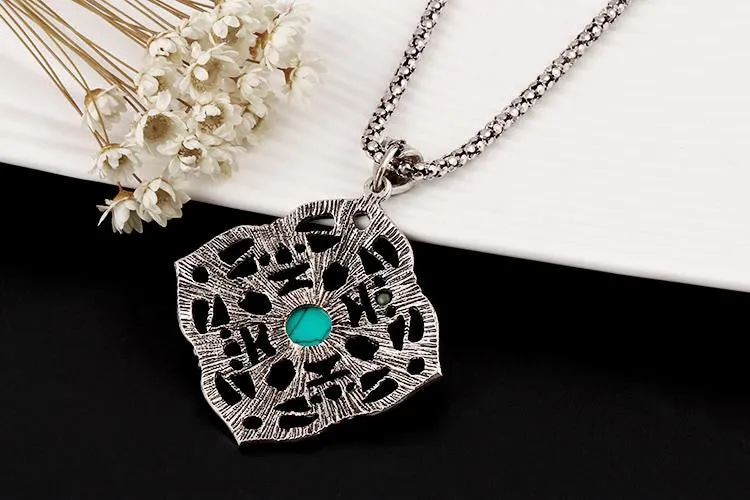 Vintage Jewelry Sets Chain Necklaces Drop Earrings Bracelets Turquoise Tibetan Silver Round Flower Hollow Design Jewellry Women