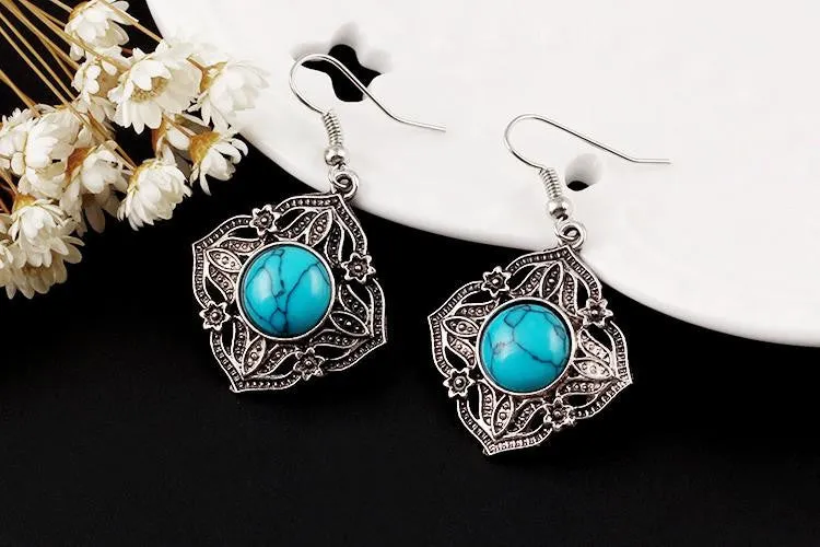 Vintage Jewelry Sets Chain Necklaces Drop Earrings Bracelets Turquoise Tibetan Silver Round Flower Hollow Design Jewellry Women