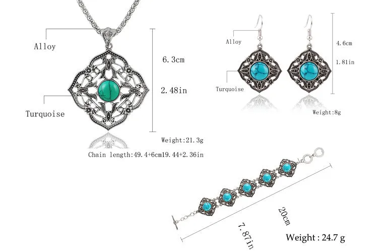 Vintage Jewelry Sets Chain Necklaces Drop Earrings Bracelets Turquoise Tibetan Silver Round Flower Hollow Design Jewellry Women