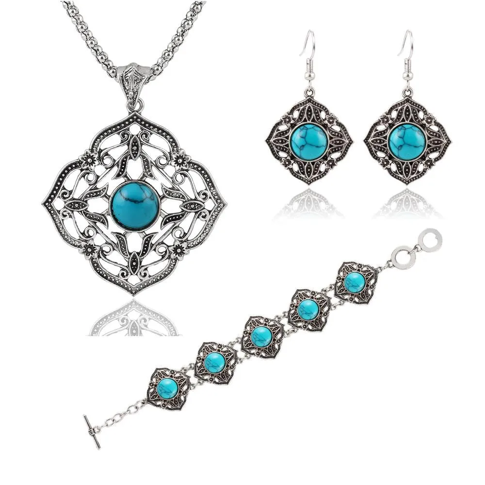 Vintage Jewelry Sets Chain Necklaces Drop Earrings Bracelets Turquoise Tibetan Silver Round Flower Hollow Design Jewellry Women